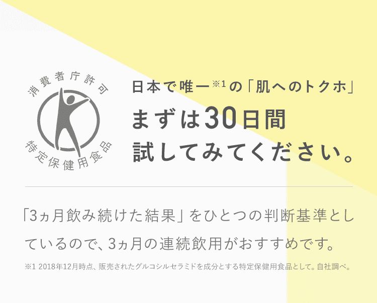 【消費者庁許可　特定保健用食品】日本で唯一※1の「肌にもトクホ」　まずは30日間試してみてください。　「3ヵ月飲み続けた結果」をひとつの判断基準としているので、3ヵ月の連続飲用がおすすめです。 ※1 2018年12月時点、販売されたグルコシルセラミドを成分とする特定保健用食品として。自社調べ。