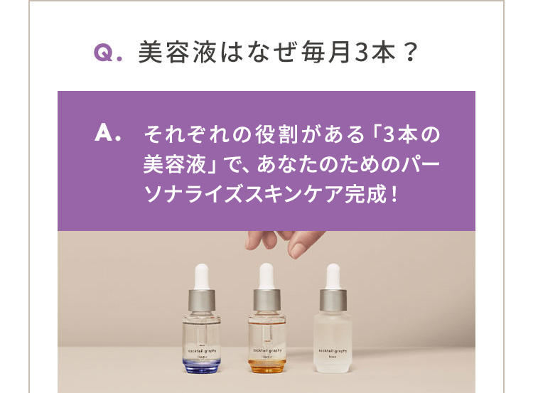 Q.美容液はなぜ毎月3本？ A.それぞれの役割がある「3本の美容液」で、あなたのためのパーソナライズスキンケア完成！