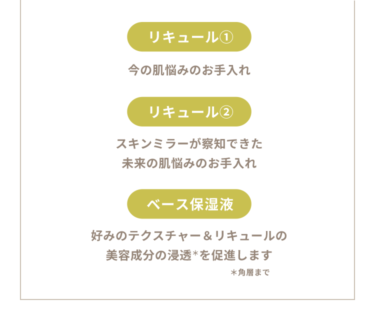 リキュール①今の肌悩みのお手入れ、リキュール②スキンミラーが察知できた未来の肌悩みのお手入れ、ベース保湿液好みのテクスチャー＆リキュールの美容成分の浸透＊を促進します