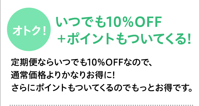 オトク！いつでも10％OFF＋ポイントもついてくる!定期便ならいつでも10％OFFなので、通常価格よりかなりお得に!さらにポイントもついてくるのでもっとお得です。