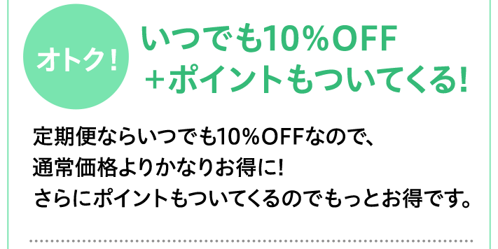 オトク！いつでも10％OFF＋ポイントもついてくる!定期便ならいつでも10％OFFなので、通常価格よりかなりお得に!さらにポイントもついてくるのでもっとお得です。