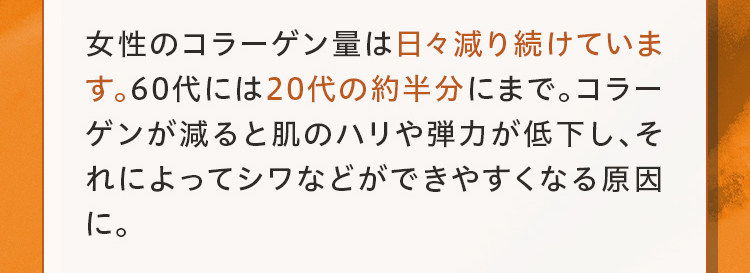 女性のコラーゲン量は日々減り続けています。60代には20代の約半分にまで。コラーゲンが減ると肌のハリや弾力が低下し、それによってシワなどができやすくなる原因に。