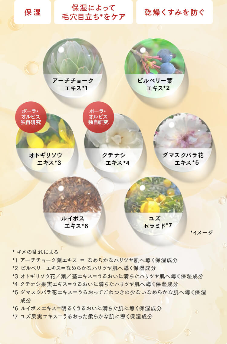 保湿 保湿によって毛穴目立ち*をケア 乾燥くすみを防ぐ アーチチョークエキス*1 ビルベリー葉エキス*2 ポーラ・オルビス独自研究 オトギリソウエキス*3 ポーラ・オルビス独自研究 クチナシエキス*4 ダマスクバラ花エキス*5 ルイボスエキス*6 ユズセラミド*7 * キメの乱れによる *1 アーチチョーク葉エキス ＝ なめらかなハリツヤ肌へ導く保湿成分 *2 ビルベリーエキス＝なめらかなハリツヤ肌へ導く保湿成分 *3 オトギリソウ花／葉／茎エキス＝うるおいに満ちたハリツヤ肌へ導く保湿成分 *4 クチナシ果実エキス＝うるおいに満ちたハリツヤ肌へ導く保湿成分 *5 ダマスクバラ花エキス＝うるおってごわつきの少ないなめらかな肌へ導く保湿成分 *6 ルイボスエキス＝明るくうるおいに満ちた肌に導く保湿成分 *7 ユズ果実エキス＝うるおった柔らかな肌に導く保湿成分
