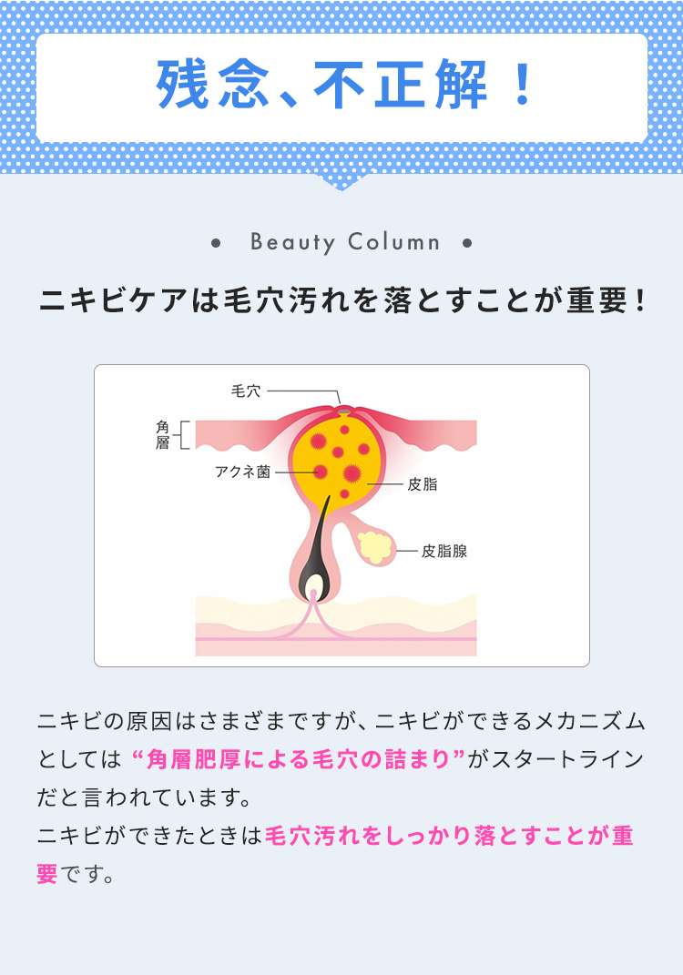 残念、不正解！【ニキビケアは毛穴汚れを落とすことが重要！】