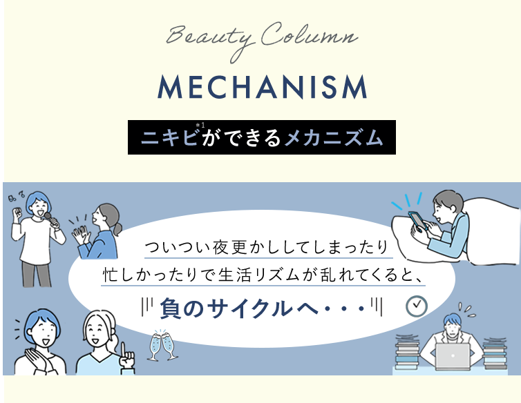 Beauty Column MECHANISH ニキビができるメカニズム ついつい夜更かししてしまったり忙しかったりで生活リズムが乱れてくると、