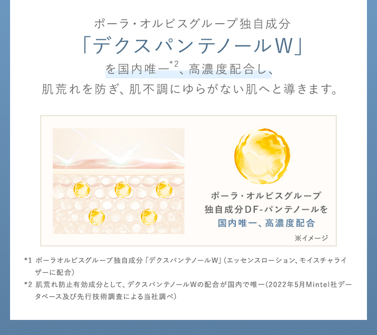 ポーラ・オルビスグループ独自成分 「デクスパンテノールW」 を国内唯一*2、高濃度配合し、 肌荒れを防ぎ、肌不調にゆらがない肌