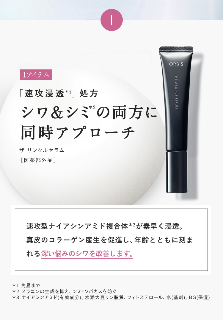 1アイテム 「定着*1シワ」に着目シワ&シミ*2の両方に同時アプローチ リンクルブライトセラム［医薬部外品］ シワ改善と美白*2の両方に働きかける薬用シワ改善美白*2美容液。顔全体にスッとなじみ、パンッとしたハリ感を体感できるここちよさです。 ＊1 顕在しているシワ　＊2 メラニンの生成を抑え、シミ・ソバカスを防ぐ