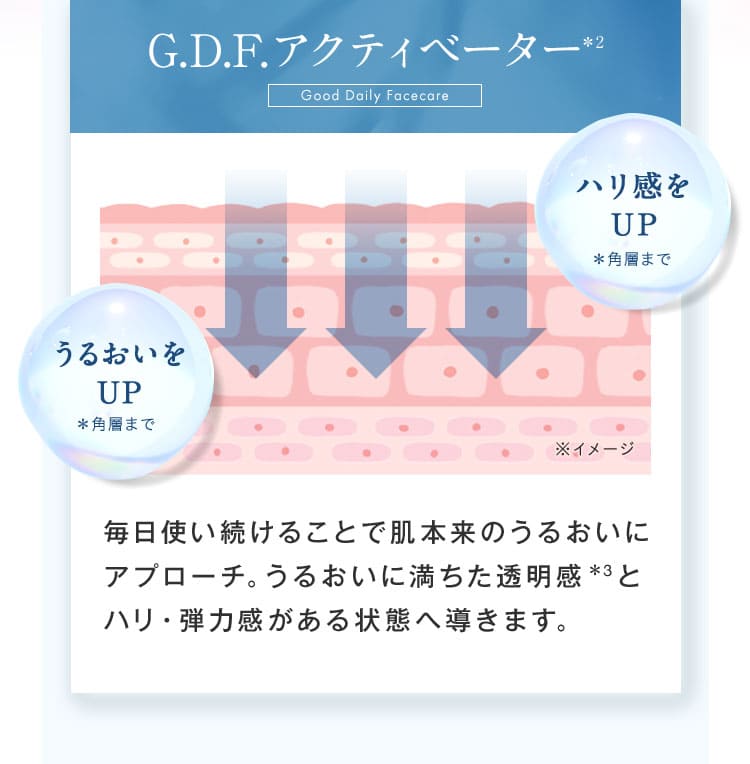 G.D.F.アクティベーター Good Daily Facecare ハリ感をUP＊角層までうるおいをUP＊角層まで 毎日使い続けることで肌本来のうるおいにアプローチ。うるおいに満ちた透明感　と ハリ・弾力感がある状態へ導きます。