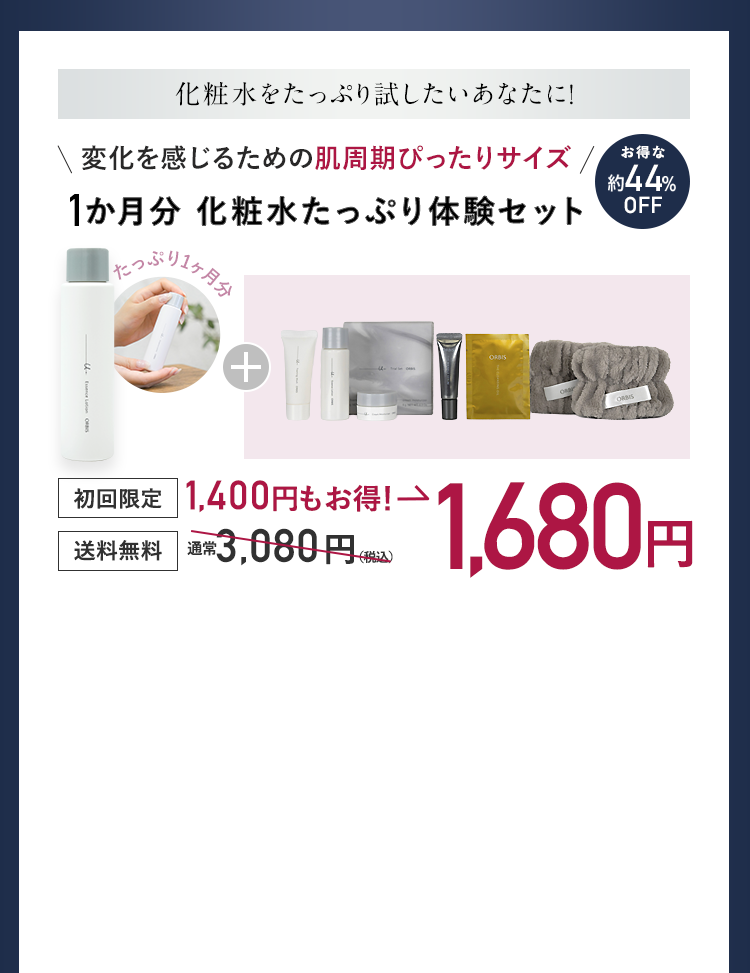 化粧水をたっぷり試したいあなたに！ 変化を感じるための 肌周期ぴったりサイズ 1か月分 化粧水たっぷり体験セット  