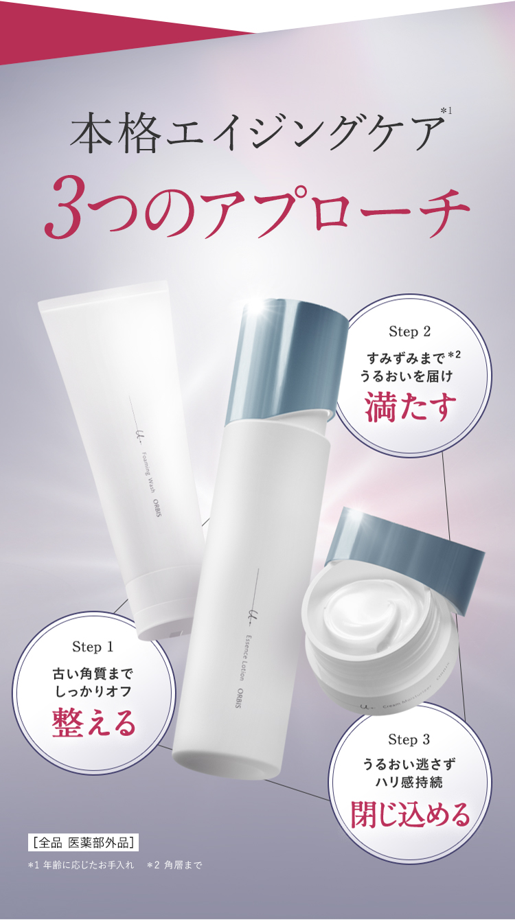 最高峰*1エイジングケア*23つのアプローチ Step1古い角質までしっかりオフ「整える」Step2すみずみまで*3うるおいを届け「満たす」Step3うるおい逃さずハリ感持続「閉じ込める」 ［全品 医薬部外品］＊1 オルビス内最高峰の保湿力　＊2 年齢に応じたお手入れ　＊3 角層まで