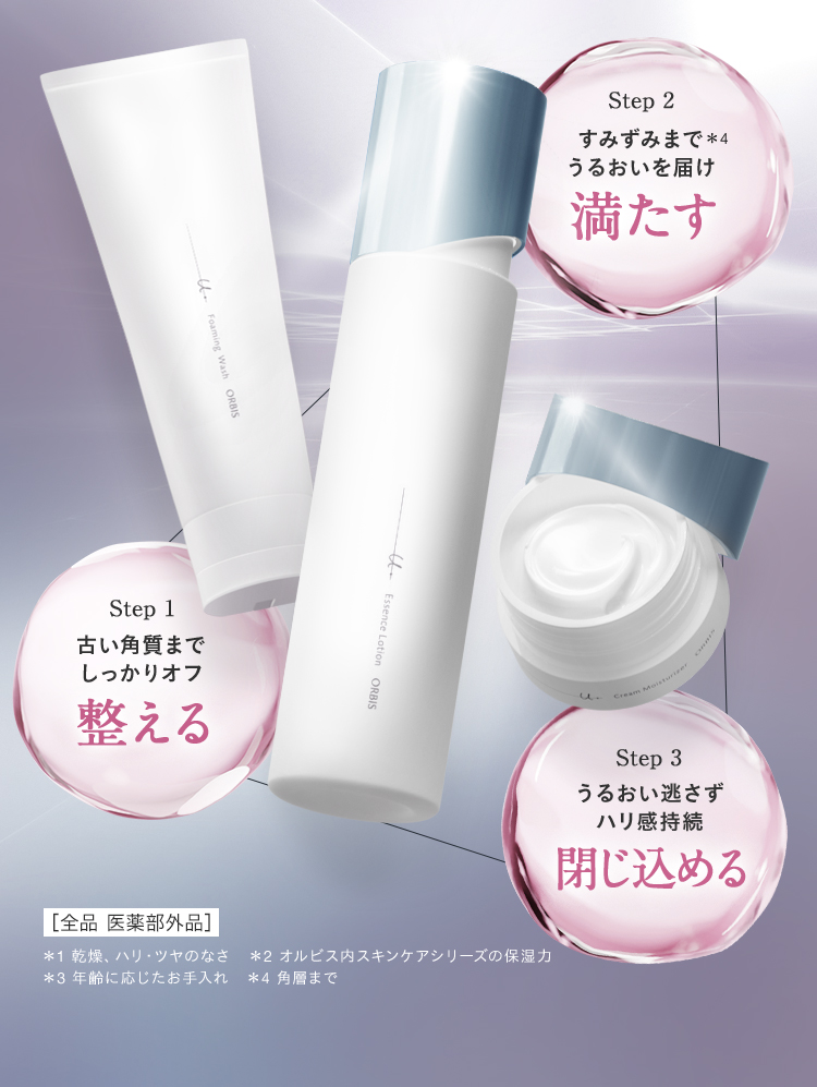 Step1古い角質までしっかりオフ「整える」Step2すみずみまで*4うるおいを届け「満たす」Step3うるおい逃さずハリ感持続「閉じ込める」 ［全品 医薬部外品］＊1 乾燥、ハリ・ツヤのなさ　＊2 オルビス内最高峰の保湿力	＊3 年齢に応じたお手入れ　＊4 角層まで