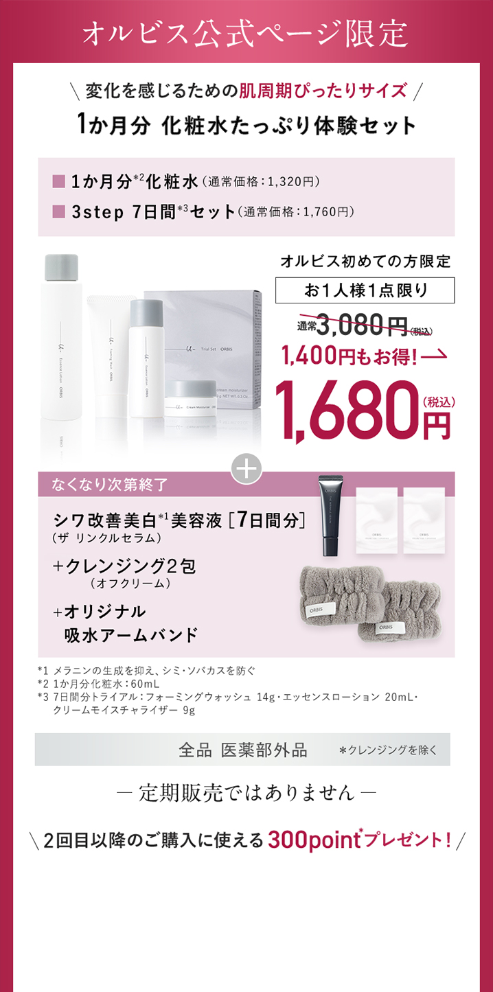 オルビス公式ページ限定 変化を感じるための肌周期ぴったりサイズ 1か月分 化粧水たっぷり体験セット
