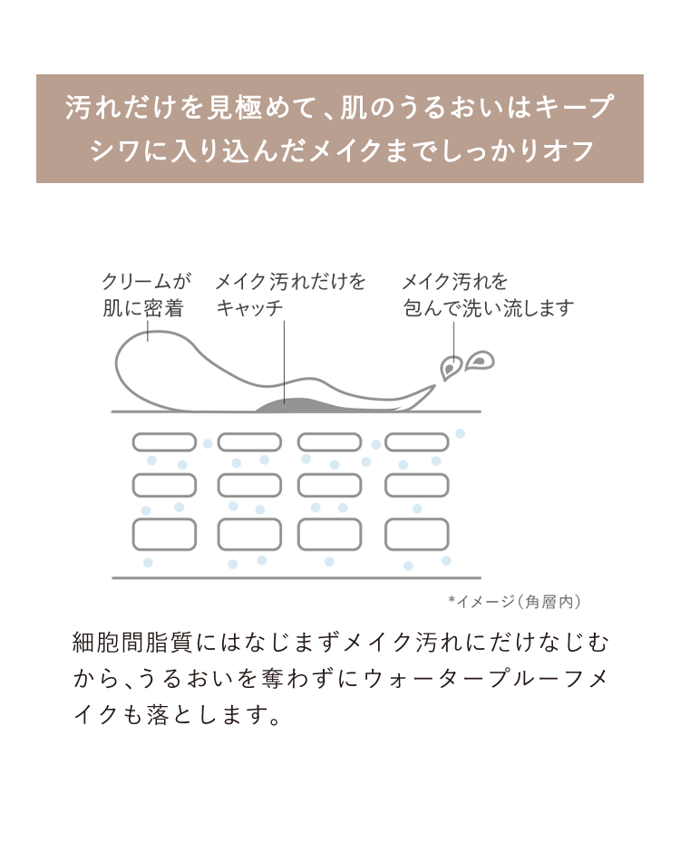 【汚れだけを見極めて、肌のうるおいはキープ シワに入り込んだメイクまでしっかりオフ】クリームが肌に密着 メイク汚れだけをキャッチ メイク汚れを包んで洗い流します *イメージ(角層内) 細胞間脂質にはなじまずメイク汚れにだけなじむから、うるおいを奪わずにウォータープルーフメイクも落とします。 