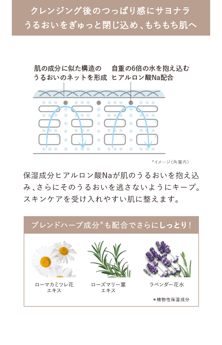 【クレンジング後のつっぱり感にサヨナラ うるおいをぎゅっと閉じ込め、もちもち肌へ】肌の成分に似た構造のうるおいのネットを形成、自重の6倍の水を抱え込むヒアルロン酸Na配合 *イメージ(角層内) 保湿成分ヒアルロン酸Naが肌のうるおいを抱え込み、さらにそのうるおいを逃さないようにキープ。スキンケアを受け入れやすい肌に整えます。【ブレンドハーブ成分*も配合でさらにしっとり!】＊植物性保湿成分 ローマカミツレ花エキス ローズマリー葉エキス ラベンダー花水 ＊植物性保湿成分