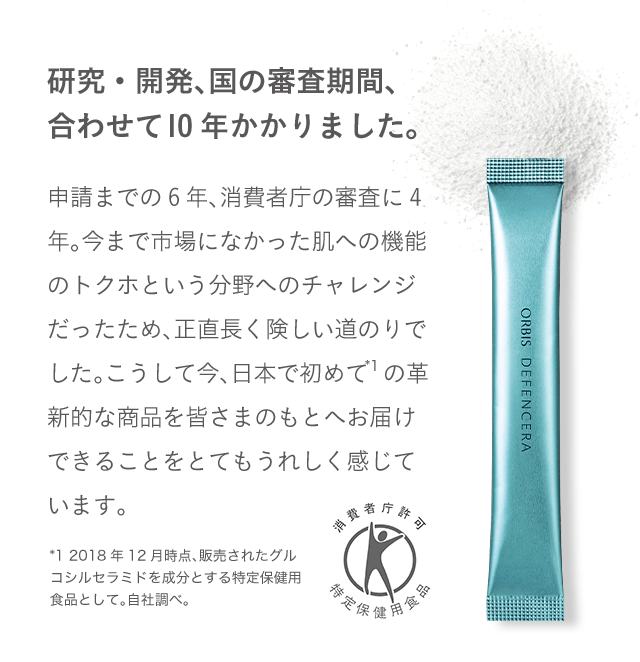研究・開発、国の審査期間、合わせて10年かかりました。 申請までの6年、消費者庁の審査に4年。今まで市場になかった肌への機能のトクホという分野へのチャレンジだったため、正直長く険しい道のりでした。こうして今、日本で初めて*1 の革新的な商品を皆さまのもとへお届けできることをとてもうれしく感じています。 *1 2018年12月時点、販売されたグルコシルセラミドを成分とする特定保健用食品として。自社調べ。 消費者庁許可 特定保健用食品