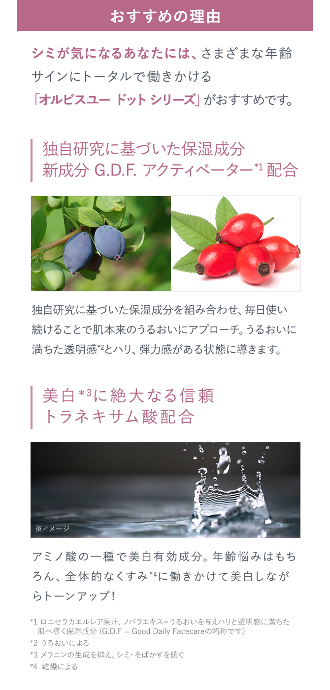 おすすめの理由・シミが気になるあなたには、さまざまな年齢サインにトータルで働きかける「オルビス ユードットシリーズ」がおすすめです。