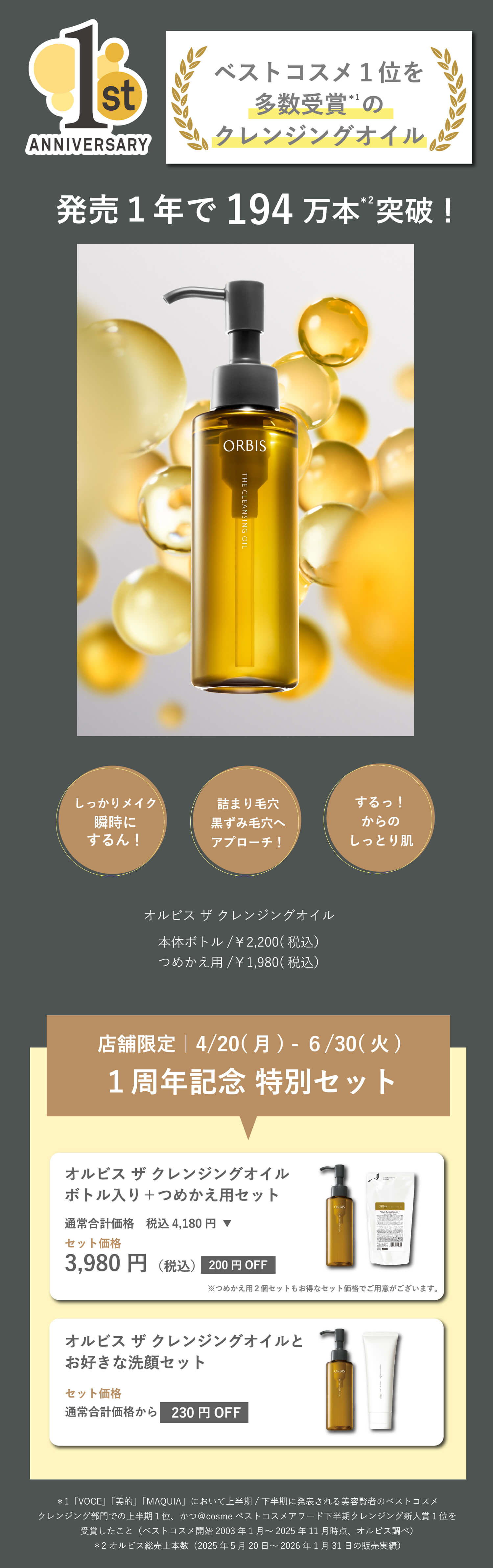 ベスコス1位制覇！国内史上初のクレンジング 発売1年で194万本突破！